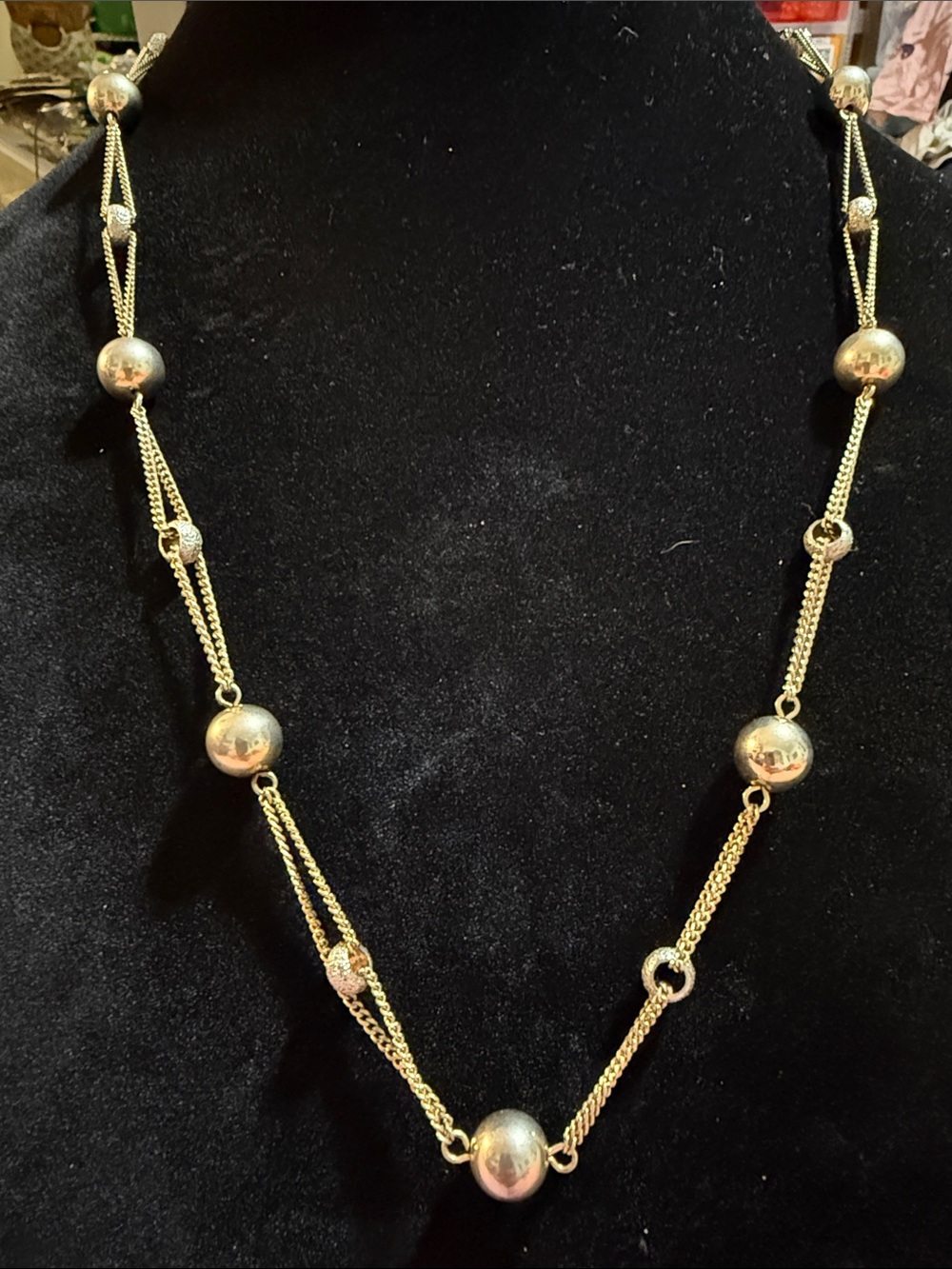 Vintage Women Etienne Aigner 12” Gold Bead Chain Necklace w/ silver spacers